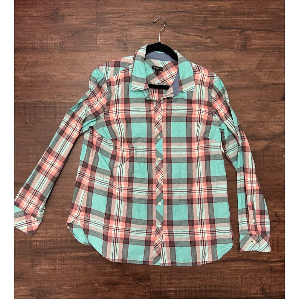 Talbots Plaid Turquoise Blue Pink Long Sleeve Button Up, Cotton Shirt, Sz Large